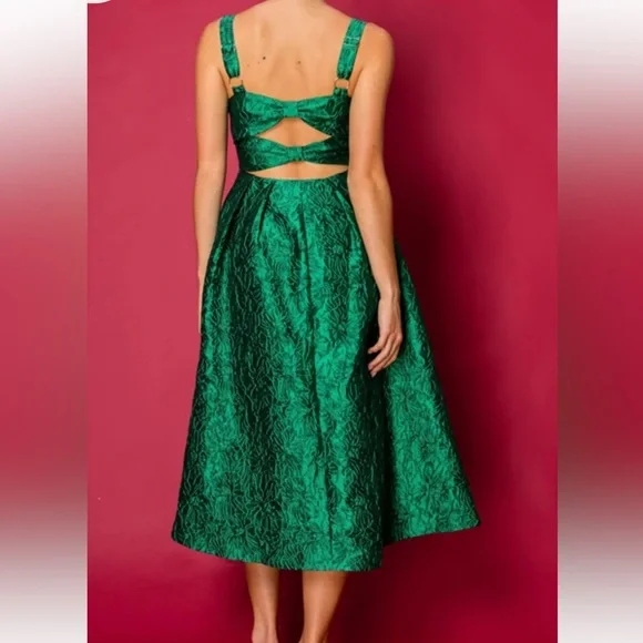 Bright Green Jacquard Midi Dress Pleated Skirt Back Bow Detail. Size Large. NWT. - Picture 5 of 15
